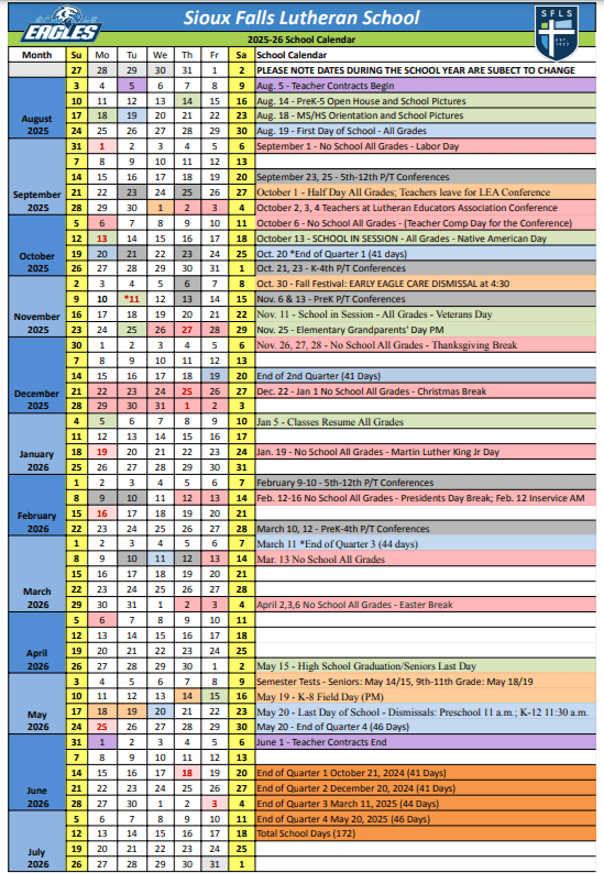 Academic Calendar Sioux Falls Lutheran School